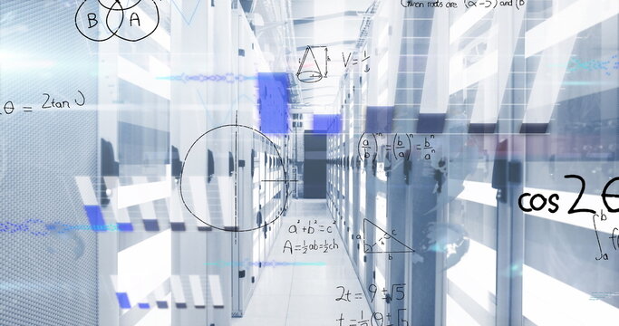 Showcasing server racks running in high-tech data center corridor, with floating math symbols