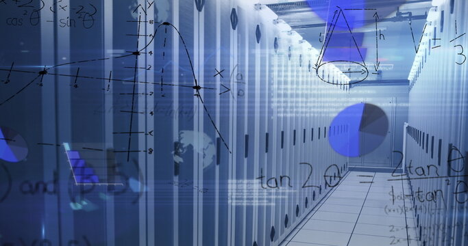 Displaying central server rack corridor in server room, with LED lights and math graph overlays - Powered by Adobe