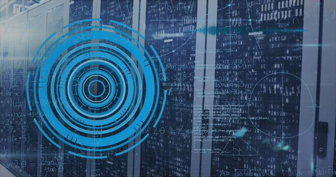 Neon blue interface overlay hovering before server racks at data center, with code streams