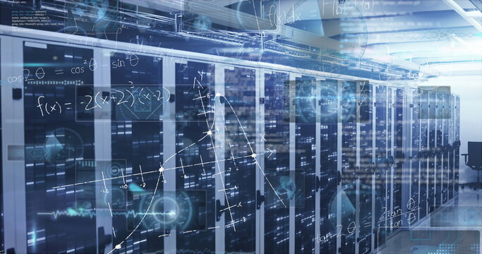 Server cabinets showing blinking LEDs, math overlays in data center aisle, with cable trays, chair