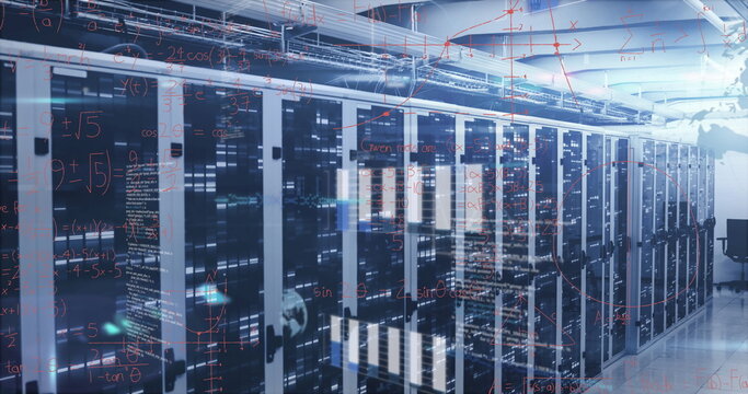 Glowing server racks displaying blinking LED lights in data center corridor, with network cables