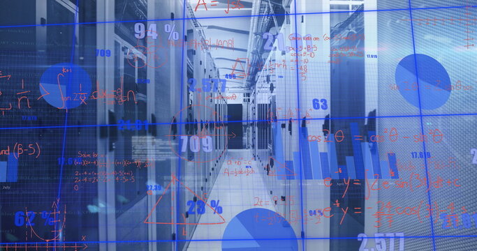 Revealing data center aisle featuring lit server racks, cables, vents, floating analytics overlays
