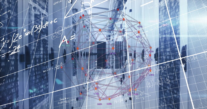 Floating wireframe polyhedron projecting equations in data center with server racks, LED lights