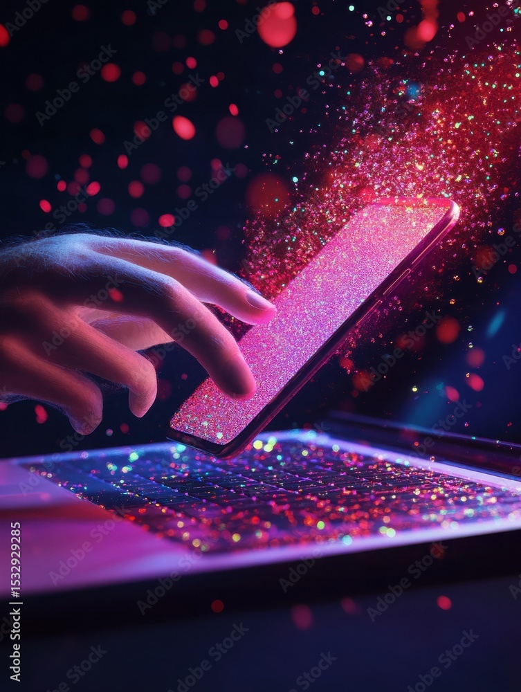 Aufkleber hand with smartphone emerging from laptop. documents flying in cyberspace. electronic signature conc