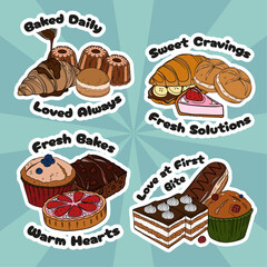 Sweet bakery set collections with various types of baking products and confectionery. Bakery shop and cafeteria restaurant decoration stickers 