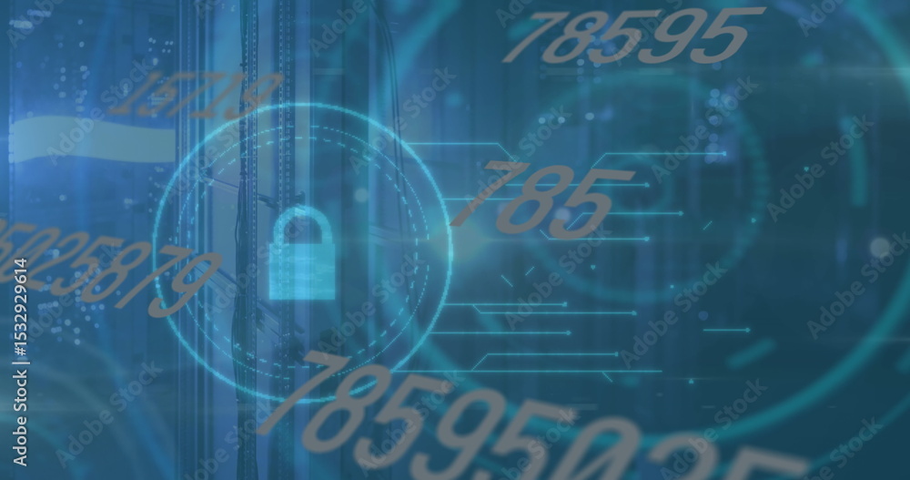 Poster displaying central padlock icon within hud ring in data center, with numeric and circuit overlays
