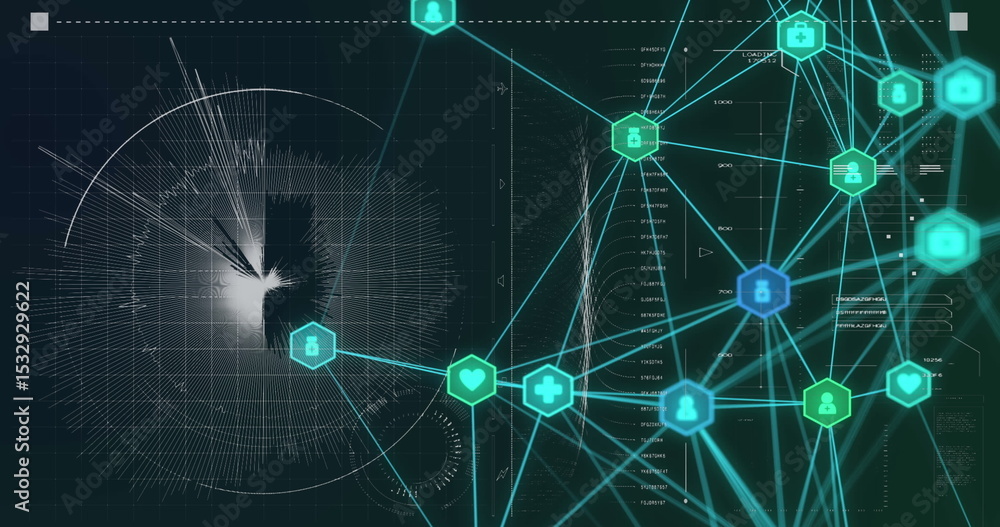 Poster Displaying hexagonal icon nodes flowing data with glowing lines over grid on display, copy space