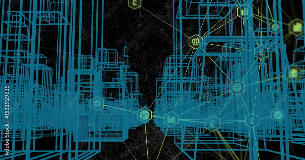 Poster wireframe cuboids connecting into digital void with yellow-green lines linking hexagonal data nodes
