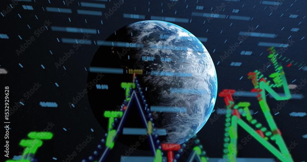 Poster planet earth floating in space, with neon green-red line graphs and light-blue code streaks