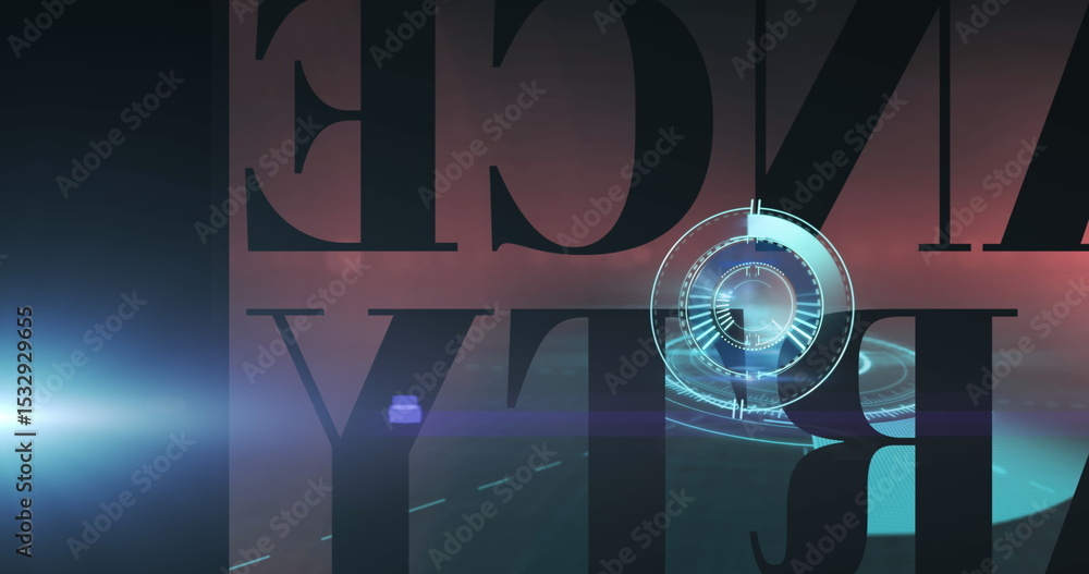 Poster emitting glowing hud ring mapping dashed lanes in interface, with block letters and flare light