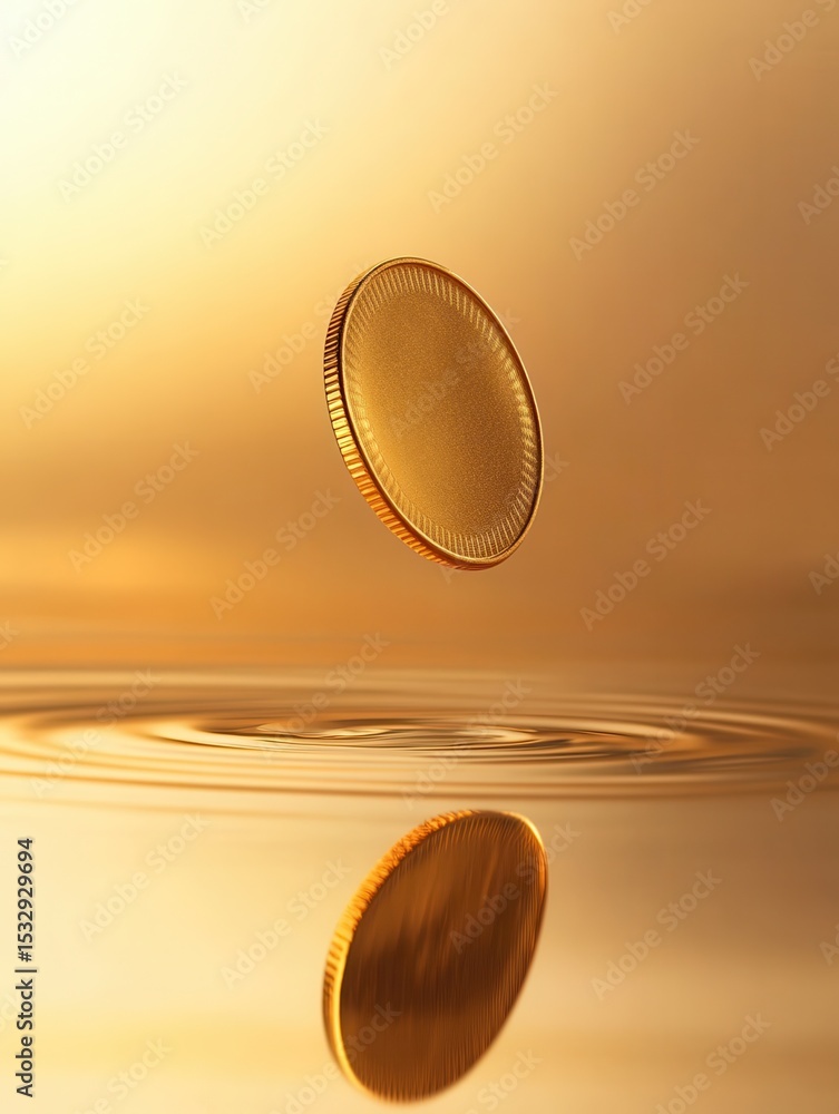 Poster golden coin hovering above its reflection on a smooth surface.