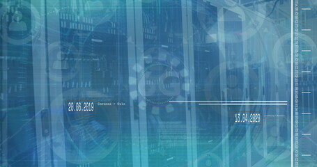 Displaying server rack array in data center, with binary code, timeline bars and date labels
