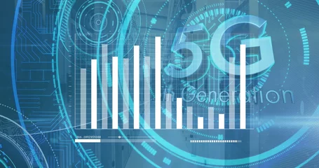 Showing bar chart, circuit traces, slider bar, HUD elements and 5G Generation text on virtual UI