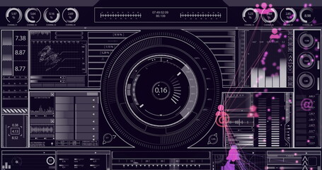 Presenting radial gauge showing real-time data on dashboard, with bar charts and network nodes