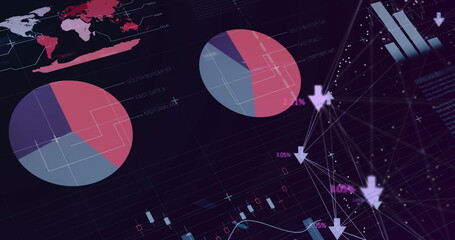 Large pie chart showing purple red blue segments on dark dashboard with arrows, copy space