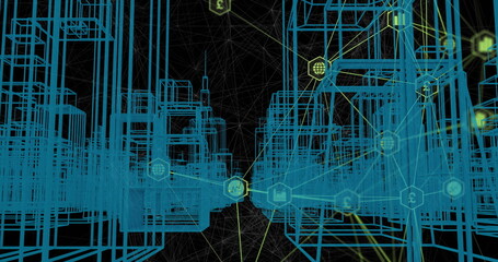 Wireframe cuboids connecting into digital void with yellow-green lines linking hexagonal data nodes