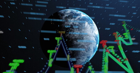 Planet Earth floating in space, with neon green-red line graphs and light-blue code streaks