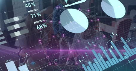 Showing translucent blue pie chart floating above table in glass conference room with bar graphs