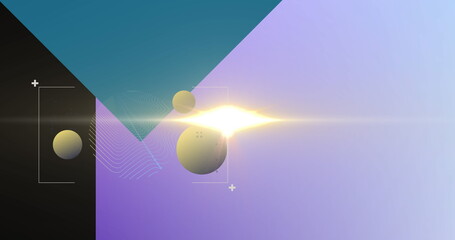 Floating yellow-green sphere emitting horizontal lens flare in studio, with teal-blue triangle