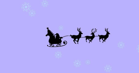 Gliding Santa riding sleigh through purple sky with festive tree, harnessed reindeer and snowflakes © vectorfusionart