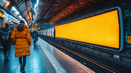 Woman walks past blank billboard in subway station