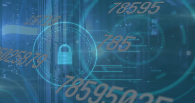 Displaying central padlock icon within HUD ring in data center, with numeric and circuit overlays