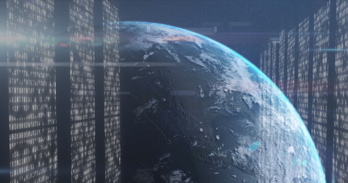 Rotating Earth globe floating in futuristic data interface with translucent binary code panels