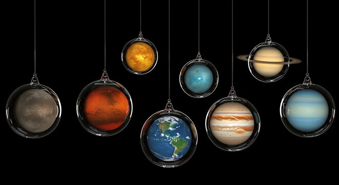 Solar system planets suspended in glass ornaments