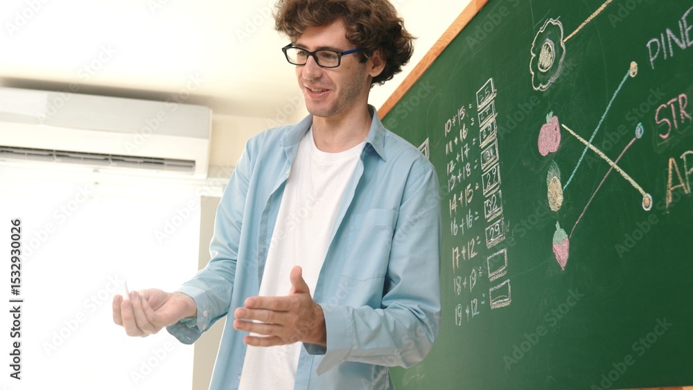 Poster caucasian teacher talking and explain about math theory at classroom while looking at student. smart