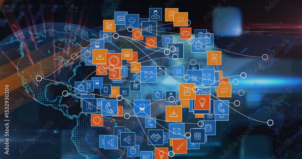 Poster displaying cluster of cloud, envelope and rocket icons over world map backdrop, showing data flow