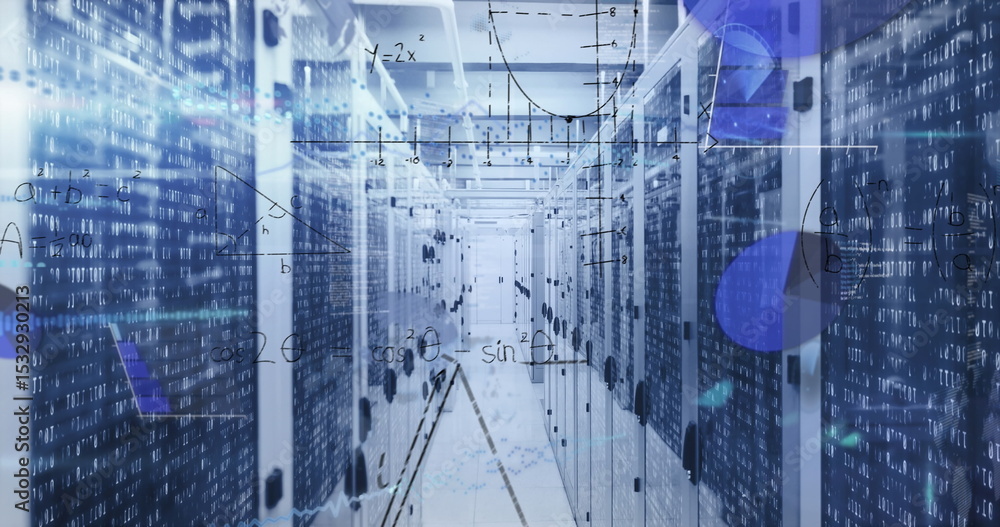 Poster receding data center corridor showing glowing leds and cables, binary code and graph overlays
