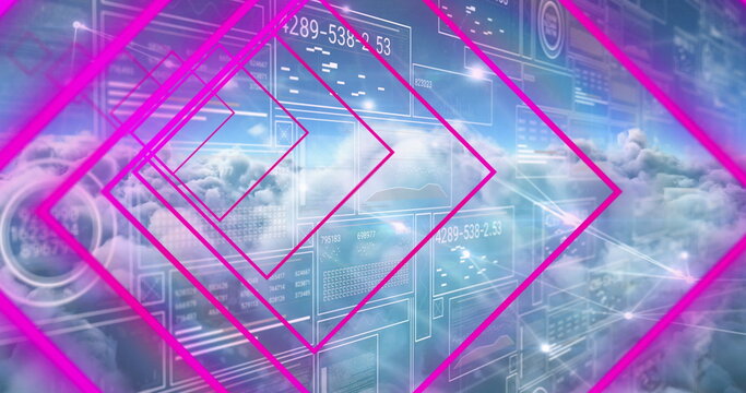 Floating neon pink diamond frames converging in virtual space, with holographic interface panels