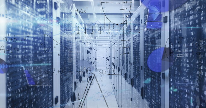 Receding data center corridor showing glowing LEDs and cables, binary code and graph overlays - Powered by Adobe