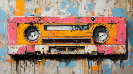 Weathered cassette tape on colorful grunge wall, retro music concept