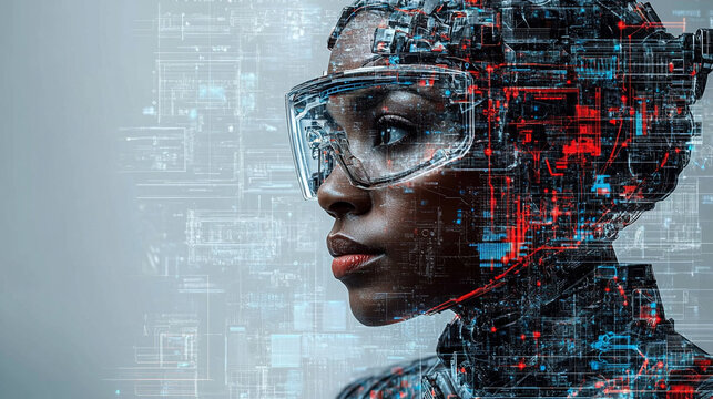 Woman with AR headset, data overlay, studio shot, tech background
