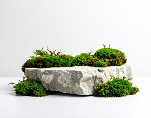 Stone platform adorned with lush green moss against a pristine white background.