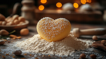 Heart-shaped dough on flour, baking ingredients, festive background