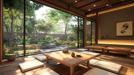 Fototapeta premium Serene Japanese Interior with Natural Light and Tranquil Garden Views in a Minimalist Setting