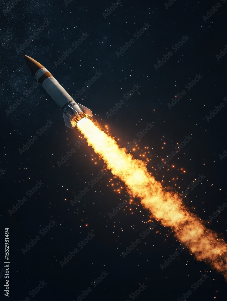 Poster digital rendering of rocket missile launch with fiery propulsion trail over black space backdrop
