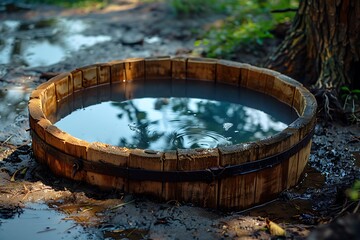 Naklejka premium Circular wood tub holding calm water high resolution picture