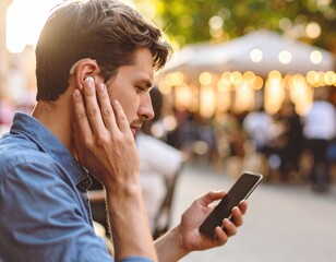 Man using device and mobile phone outdoors, hearing aid in ear. Digital lifestyle.