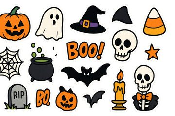 Halloween-themed stickers featuring spooky elements like ghosts, pumpkins, bats, skulls, witch hats, and candy corn, creating a festive atmosphere on a transparent background
