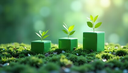 Three Green Blocks with Growing Plants: Concept of Step-by-Step Sustainable Growth and Environmental Investment