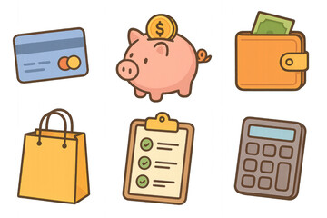 A piggy bank, credit card, and wallet icons isolated on transparent background.