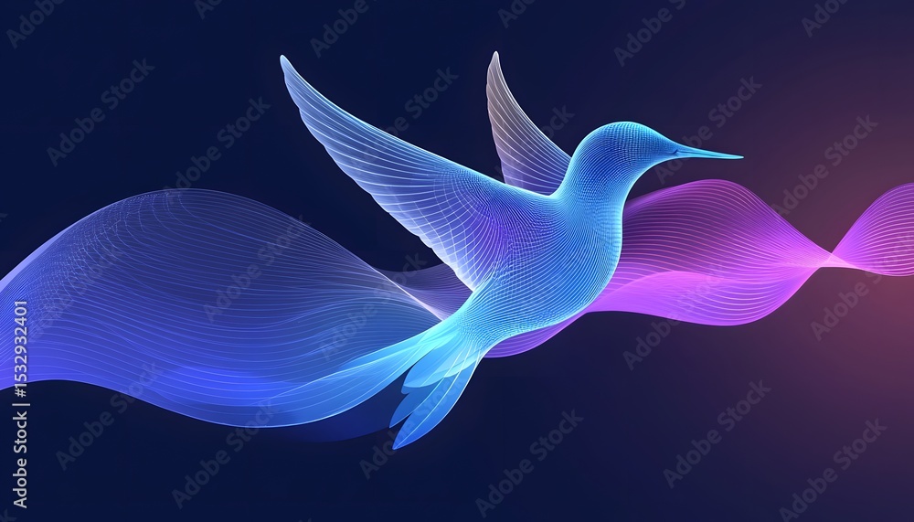 Poster a hummingbird in flight, depicted as a network of lines, surrounded by abstract waves.