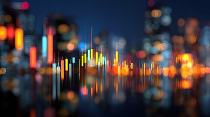 Abstract Holographic Forex Candles Illuminated Over Urban Skyline