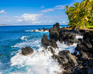 Waves Washing Against The Jagged Lava Spires in Nua' Ailua Bay, Keanae, Maui, Hawaii, USA