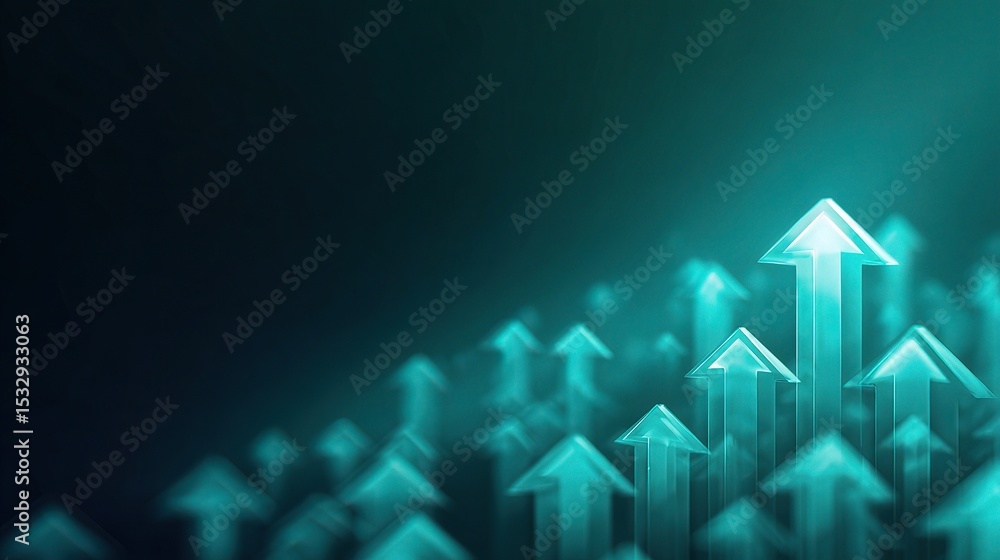 Poster teal backdrop with ascending arrow icons in abstract composition