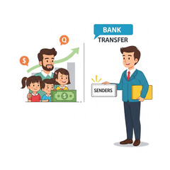 Conceptual vector of international bank transfer, smiling parents and children on one side, sender on other side, symbolic illustrations of growth, care, economy, white background