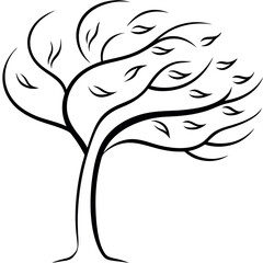 Black Line Art Ash Tree Leaves Blowing Wind vector